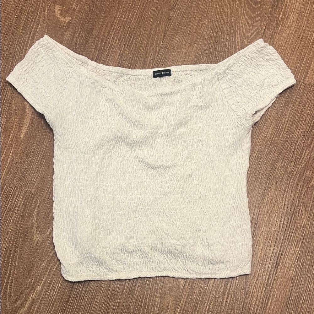 Brandy Melville White Off-Shoulder Smocked Crop Top